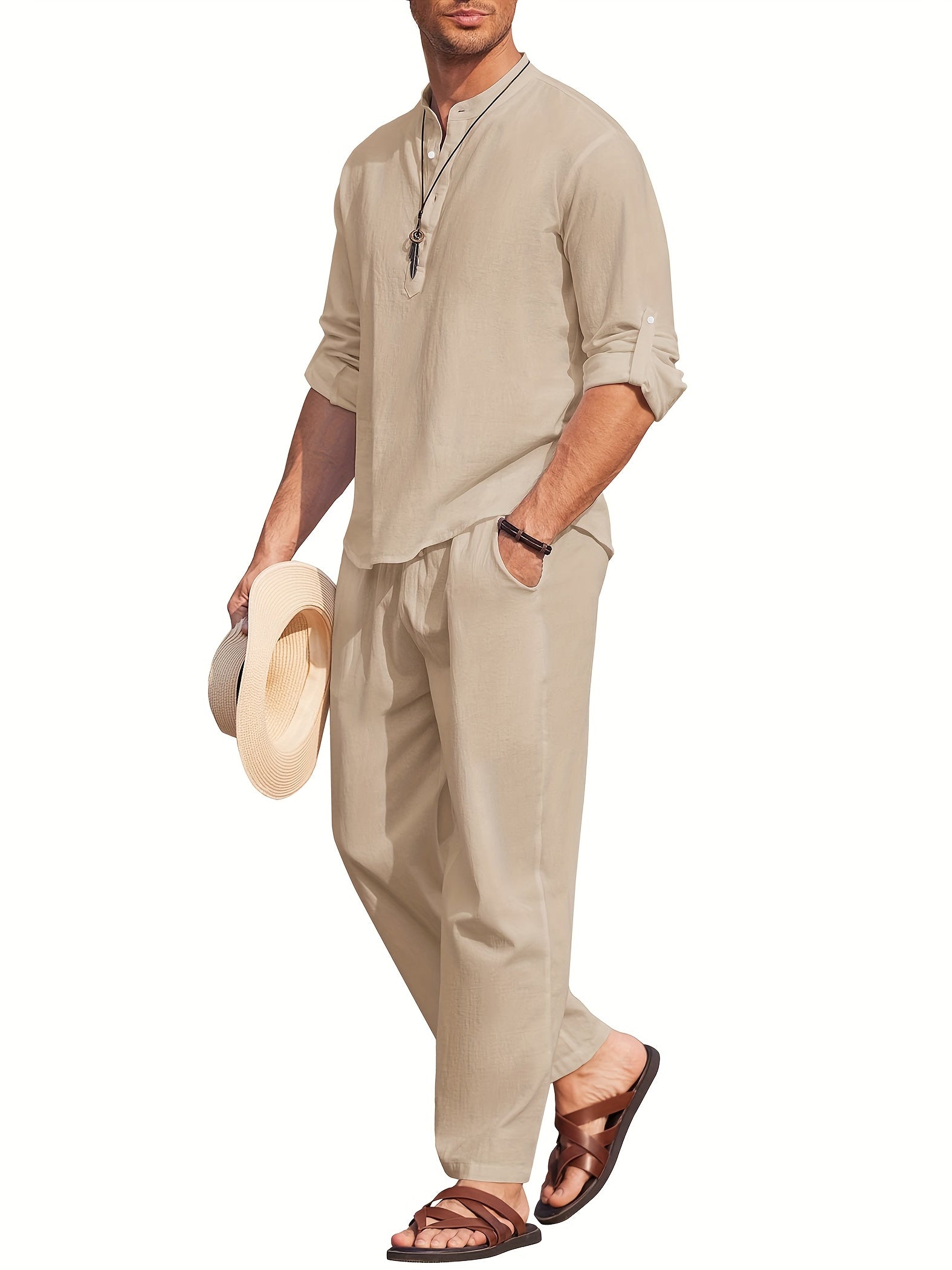 Variant image for Stijlvolle Heren Linnenset met Lange Mouwen en Ontspannen Broek | Ademend en Lichtgewicht voor Zomercomfort-13
