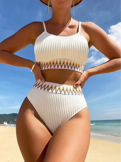 Variant image for Elegante Geribbelde Bikini Set Dames met Hoge Taille en Verstelbare Riemen | Trendy Bandeau Top voor Strand en Zwembad-1
