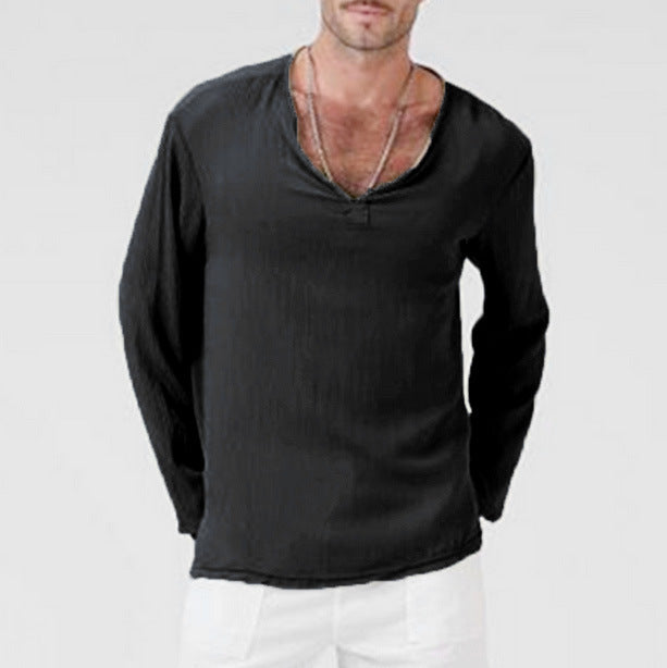 Variant image for Casual V-hals Longsleeve Heren T-shirt van Ademend Katoen-Linnen Mengsel | Ontspannen Pasvorm voor Dagelijks Comfort-11