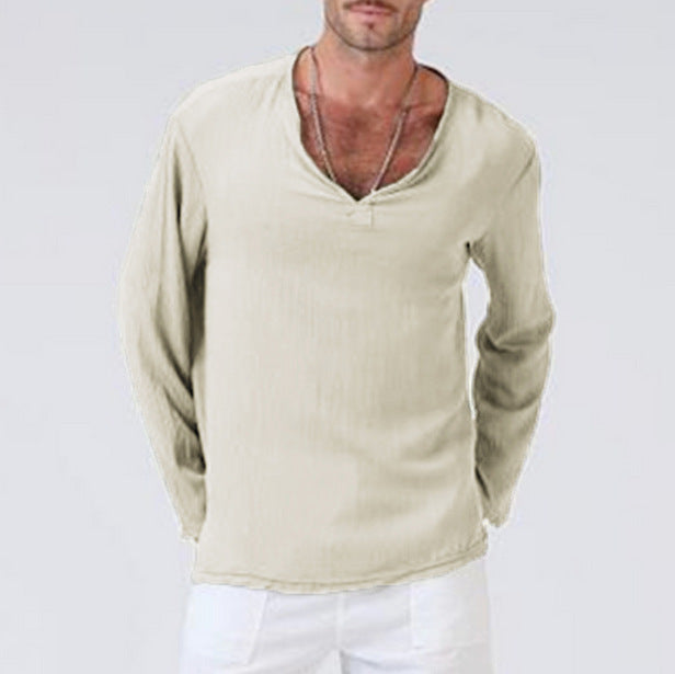 Variant image for Casual V-hals Longsleeve Heren T-shirt van Ademend Katoen-Linnen Mengsel | Ontspannen Pasvorm voor Dagelijks Comfort-6