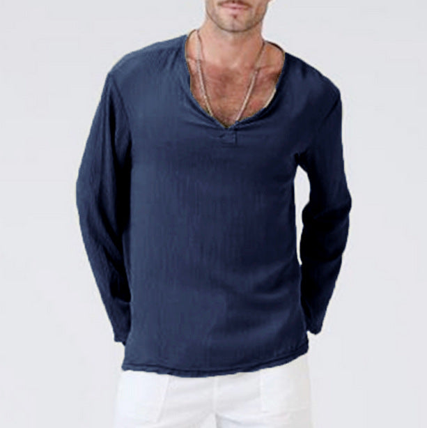 Variant image for Casual V-hals Longsleeve Heren T-shirt van Ademend Katoen-Linnen Mengsel | Ontspannen Pasvorm voor Dagelijks Comfort-21