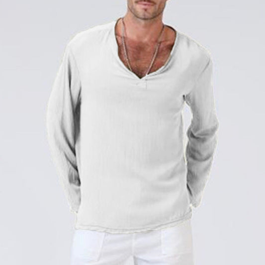 Casual V-hals Longsleeve Heren T-shirt van Ademend Katoen-Linnen Mengsel | Ontspannen Pasvorm voor Dagelijks Comfort-1