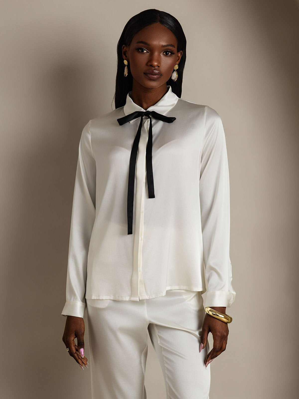 Variant image for Elegante Lange Mouw Dames Blouse van 19 Momme Zijde | Zwart, Wit, Wijn - Comfortabele Pasvorm en Stijlvol Design-5