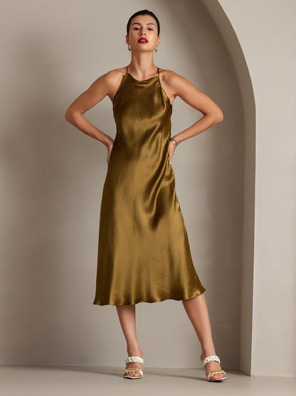 Elegante 19Momme Zijde Spaghetti Draagband Jurk | Mouwloos, Strikdetail, Verkrijgbaar in Meerdere Kleuren - Jurken Dames-3