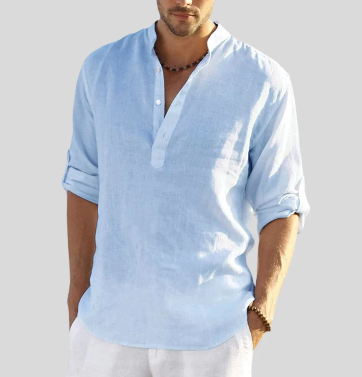 Variant image for Adriano Heren Linnen Shirt met Bandkraag en Lange Mouwen | Ademend en Lichtgewicht Casual Overhemd-1