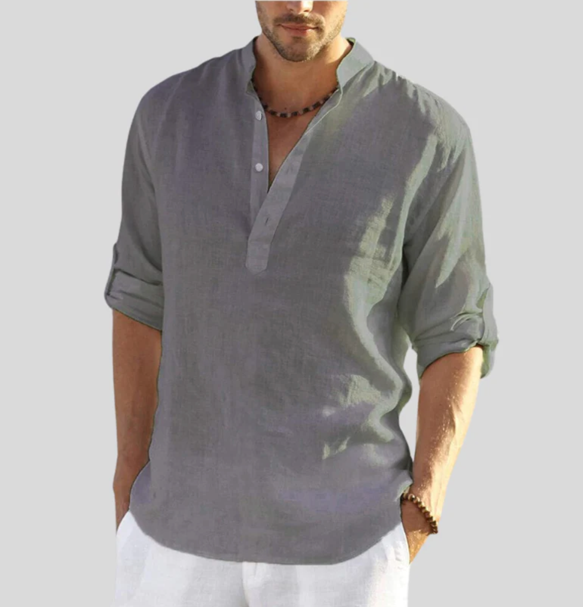 Variant image for Adriano Heren Linnen Shirt met Bandkraag en Lange Mouwen | Ademend en Lichtgewicht Casual Overhemd-15