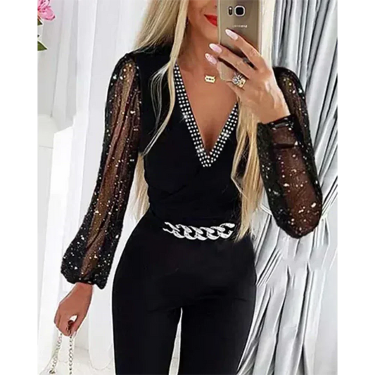 Elegante Diepe V-hals Zwarte Jumpsuit Dames met Lange Mouwen voor Feestelijke Gelegenheden-1