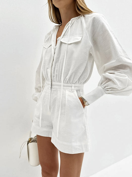 Elegante Korte Jumpsuit Dames met Stropdas Taille | 100% Katoen, Ontspannen Pasvorm, Lange Mouwen-1