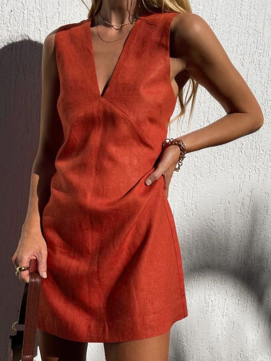 Elegante Mouwloze V-hals Dames Jurk | Lichtgewicht Katoen-Linnenmix Zomerjurk voor Casual Uitstapjes-1