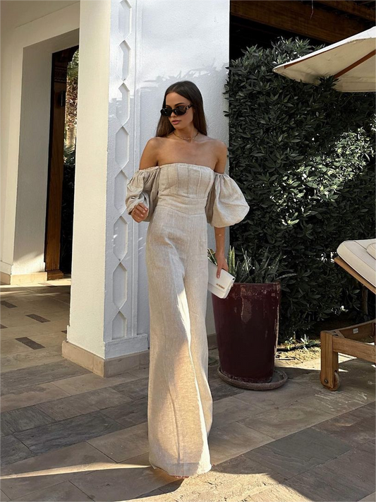 Elegante Zwarte Jumpsuit Dames met Off-the-Shoulder en Puff Mouwen | Feestelijke Jumpsuit met Brede Pijpen-1