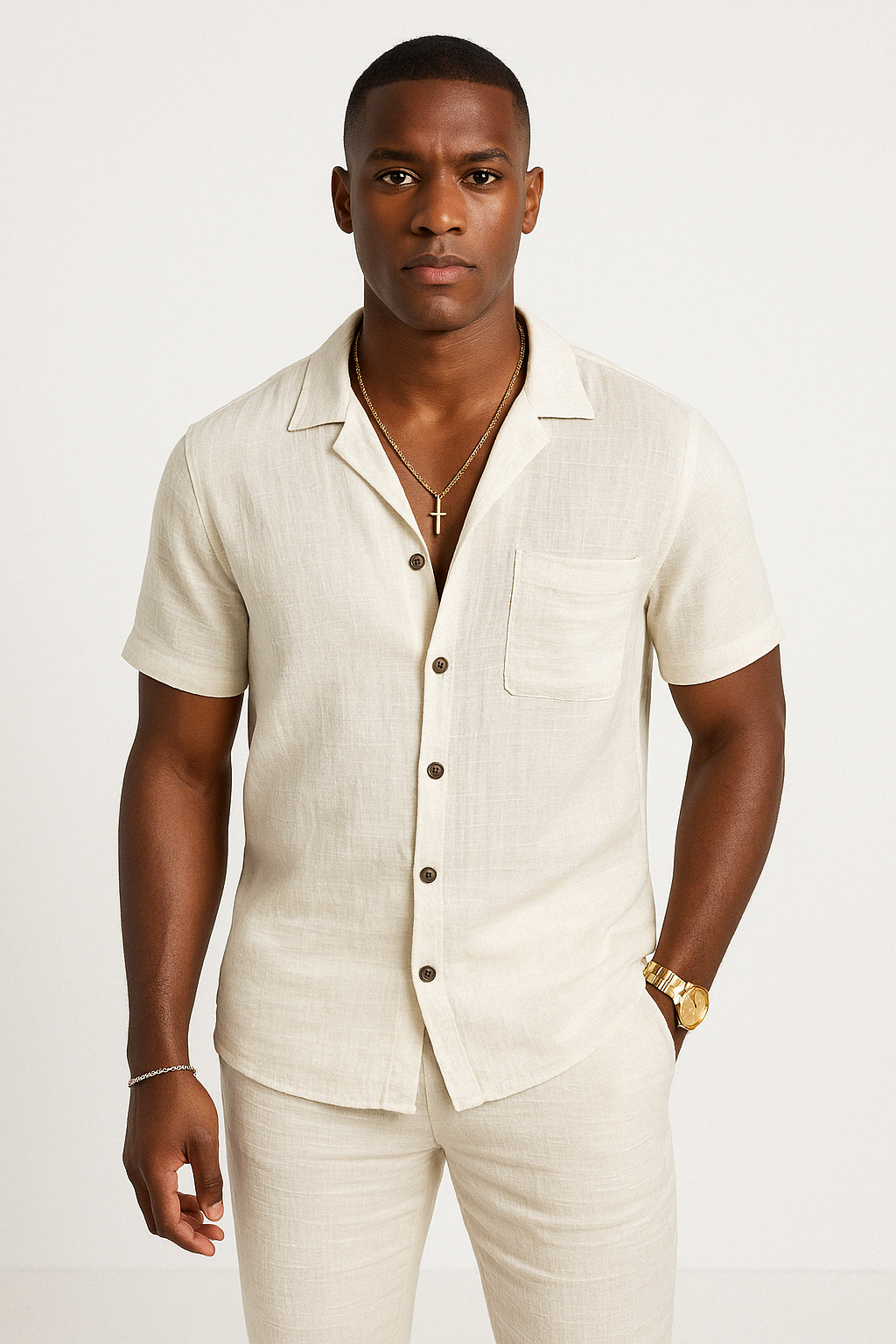 Variant image for Katoenen Linnen Knoopshirt Heren | Ademend T-shirt met Korte Mouwen en Borstzak voor Casual Stijl-7
