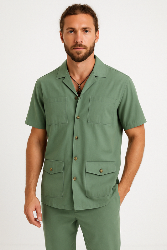 Stijlvol Korte Mouwen Heren Shirt met Gekke Kraag en 4 Zakjes | Ademend Katoen-Linnenmix voor Casual Gelegenheden-1