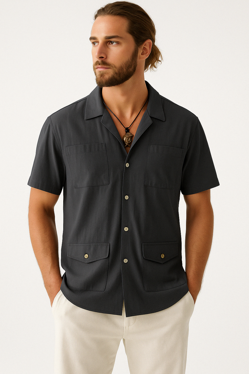 Variant image for Stijlvol Korte Mouwen Heren Shirt met Gekke Kraag en 4 Zakjes | Ademend Katoen-Linnenmix voor Casual Gelegenheden-5