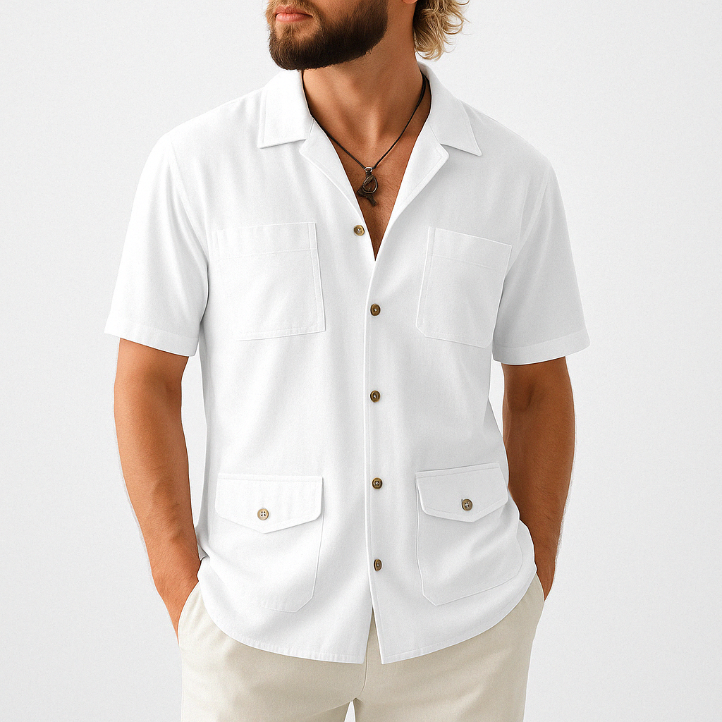 Variant image for Stijlvol Korte Mouwen Heren Shirt met Gekke Kraag en 4 Zakjes | Ademend Katoen-Linnenmix voor Casual Gelegenheden-9