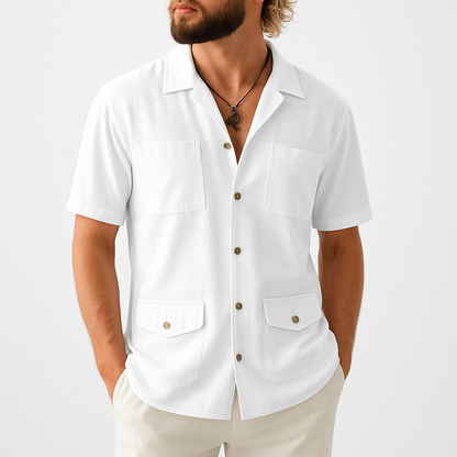 Variant image for Stijlvol Korte Mouwen Heren Shirt met Gekke Kraag en 4 Zakjes | Ademend Katoen-Linnenmix voor Casual Gelegenheden-9