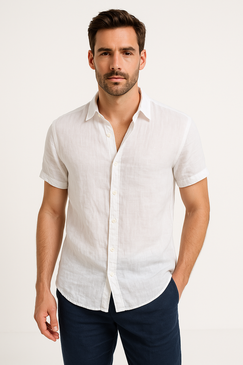 Linnen Blend Casual Heren Shirt met Korte Mouwen | Ademend, Ontspannen Pasvorm, Button-Down Design-1
