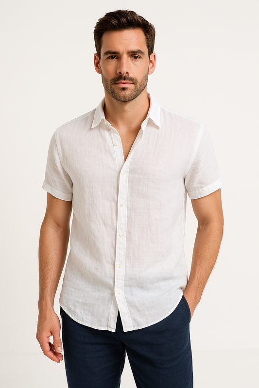 Linnen Blend Casual Heren Shirt met Korte Mouwen | Ademend, Ontspannen Pasvorm, Button-Down Design-1