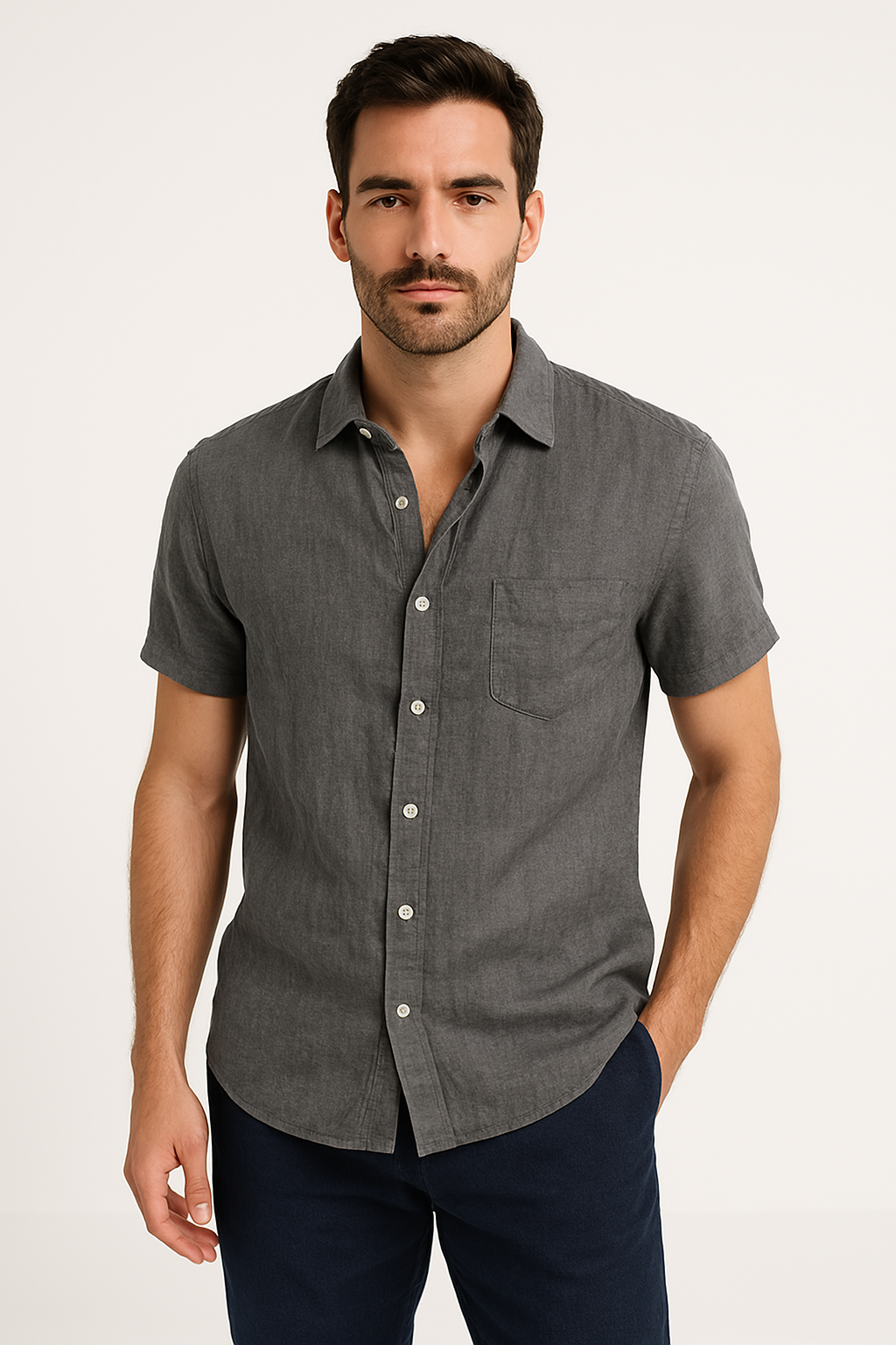 Variant image for Linnen Blend Casual Heren Shirt met Korte Mouwen | Ademend, Ontspannen Pasvorm, Button-Down Design-11