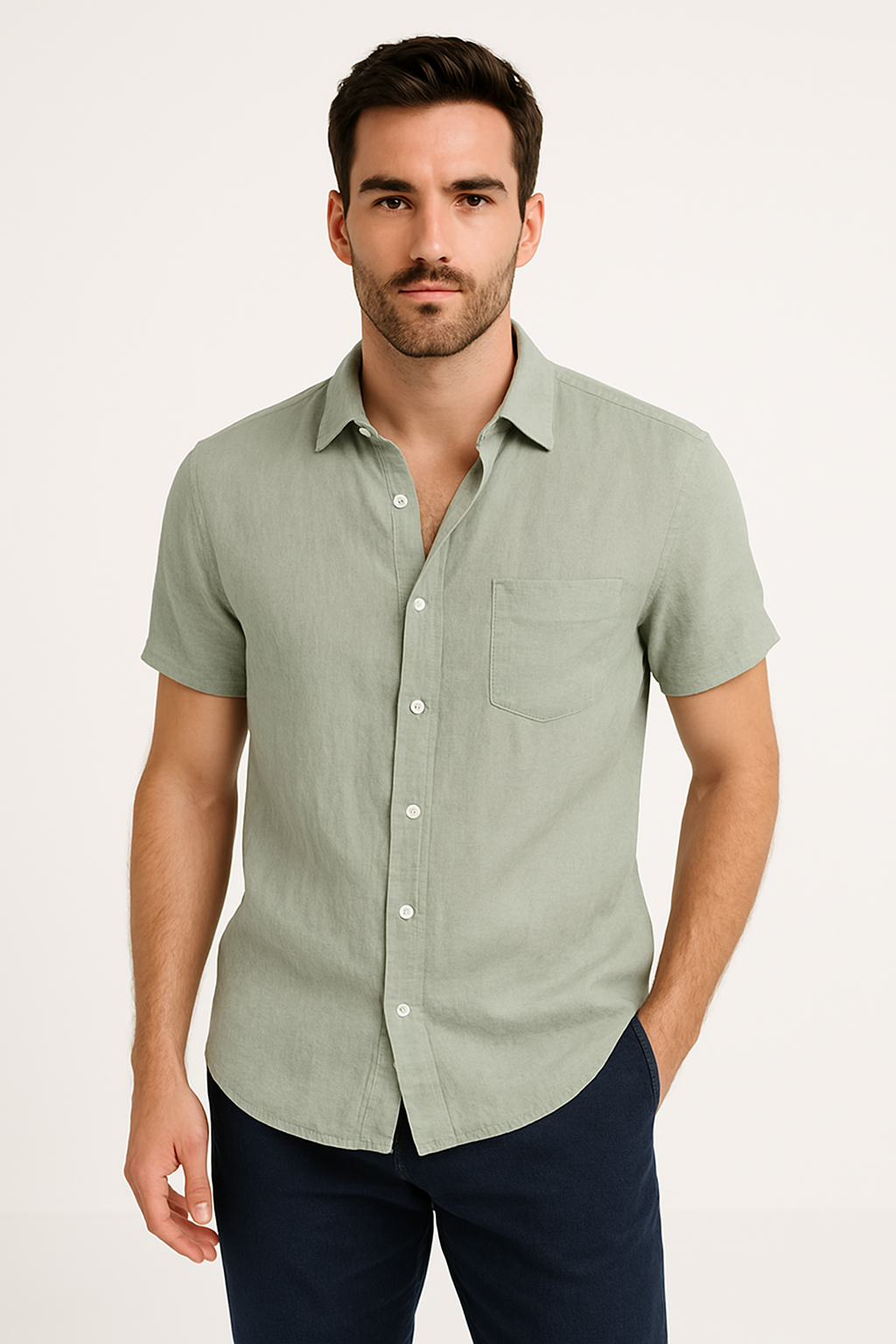 Variant image for Linnen Blend Casual Heren Shirt met Korte Mouwen | Ademend, Ontspannen Pasvorm, Button-Down Design-16