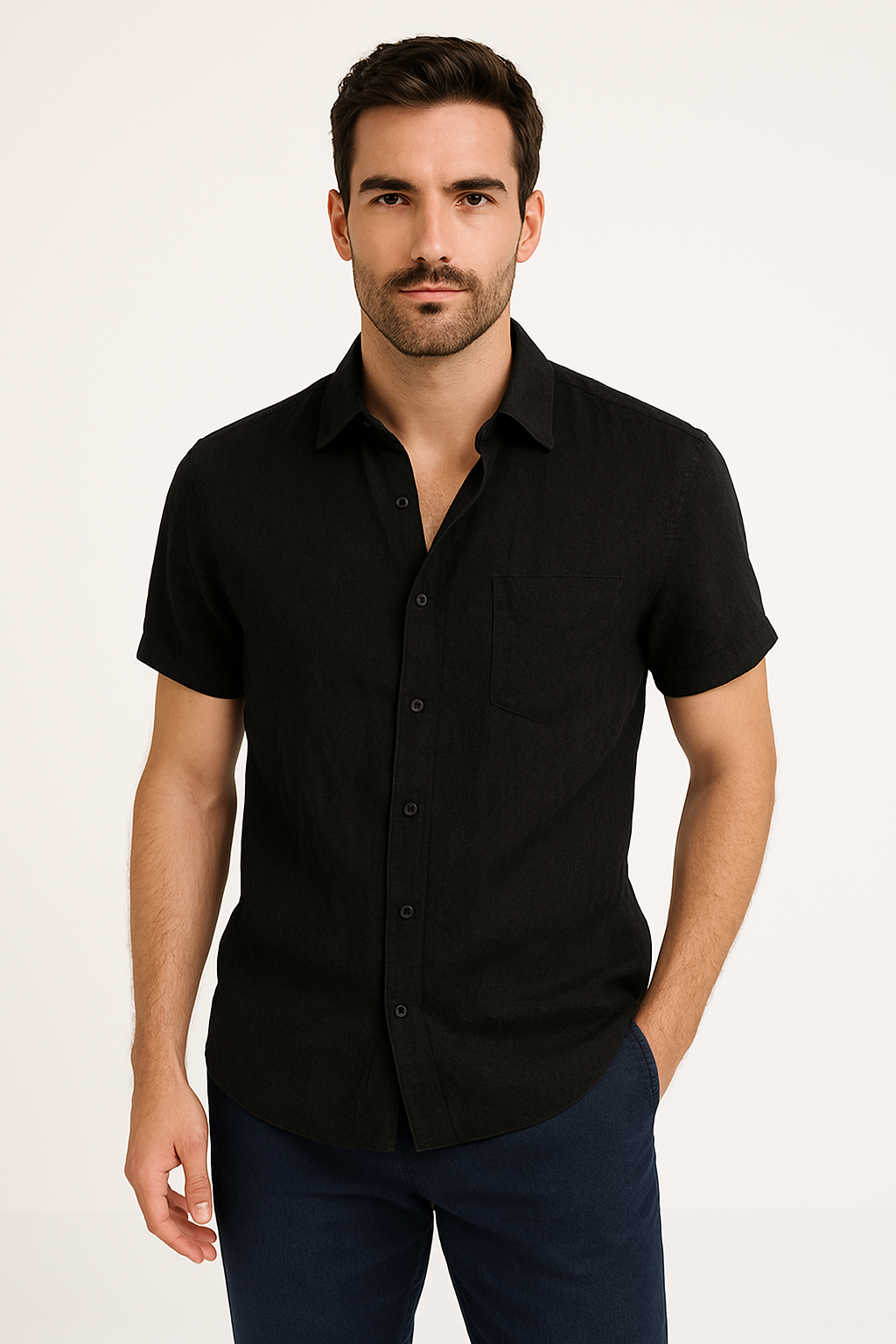 Variant image for Linnen Blend Casual Heren Shirt met Korte Mouwen | Ademend, Ontspannen Pasvorm, Button-Down Design-6