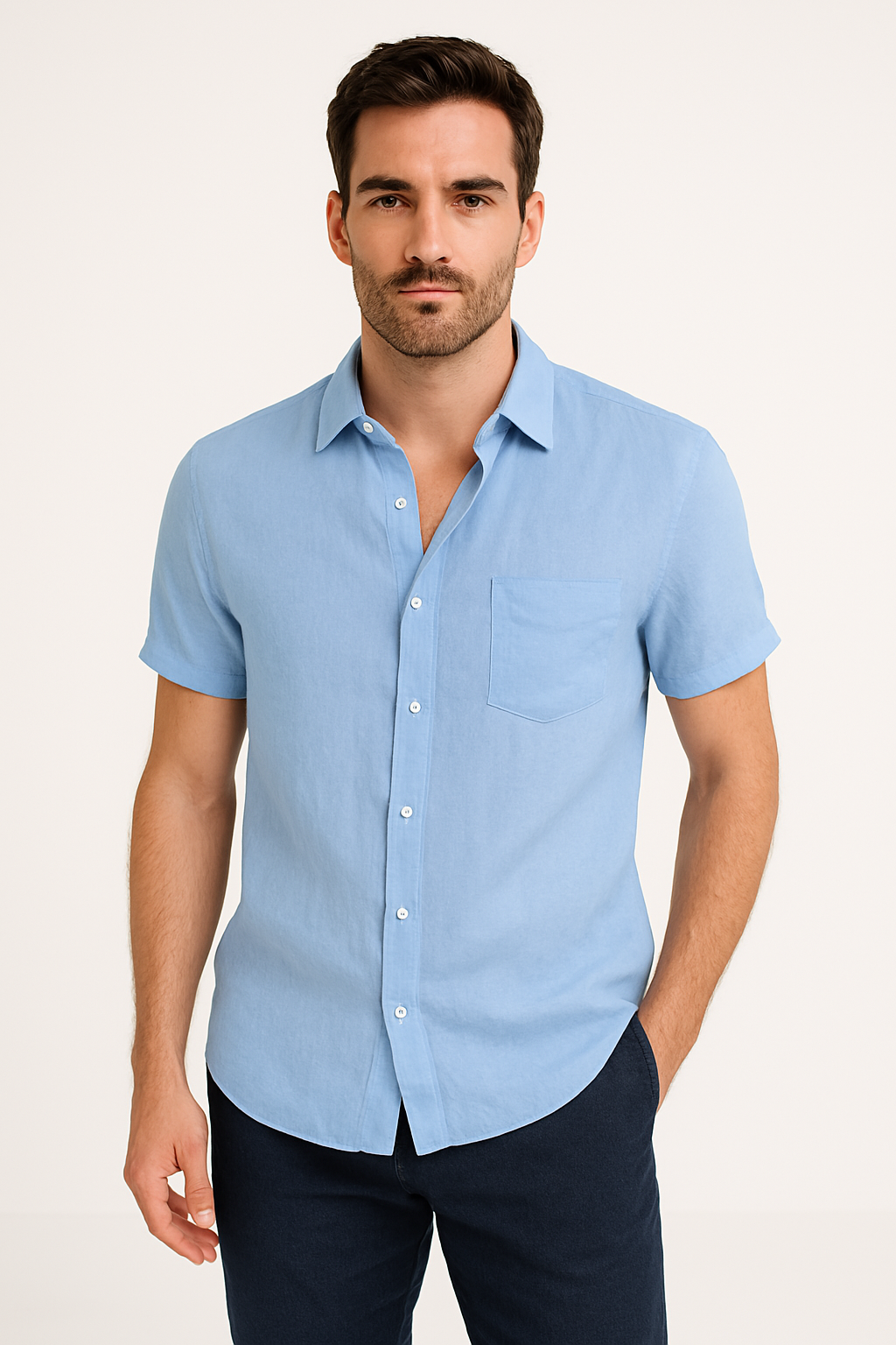 Variant image for Linnen Blend Casual Heren Shirt met Korte Mouwen | Ademend, Ontspannen Pasvorm, Button-Down Design-21