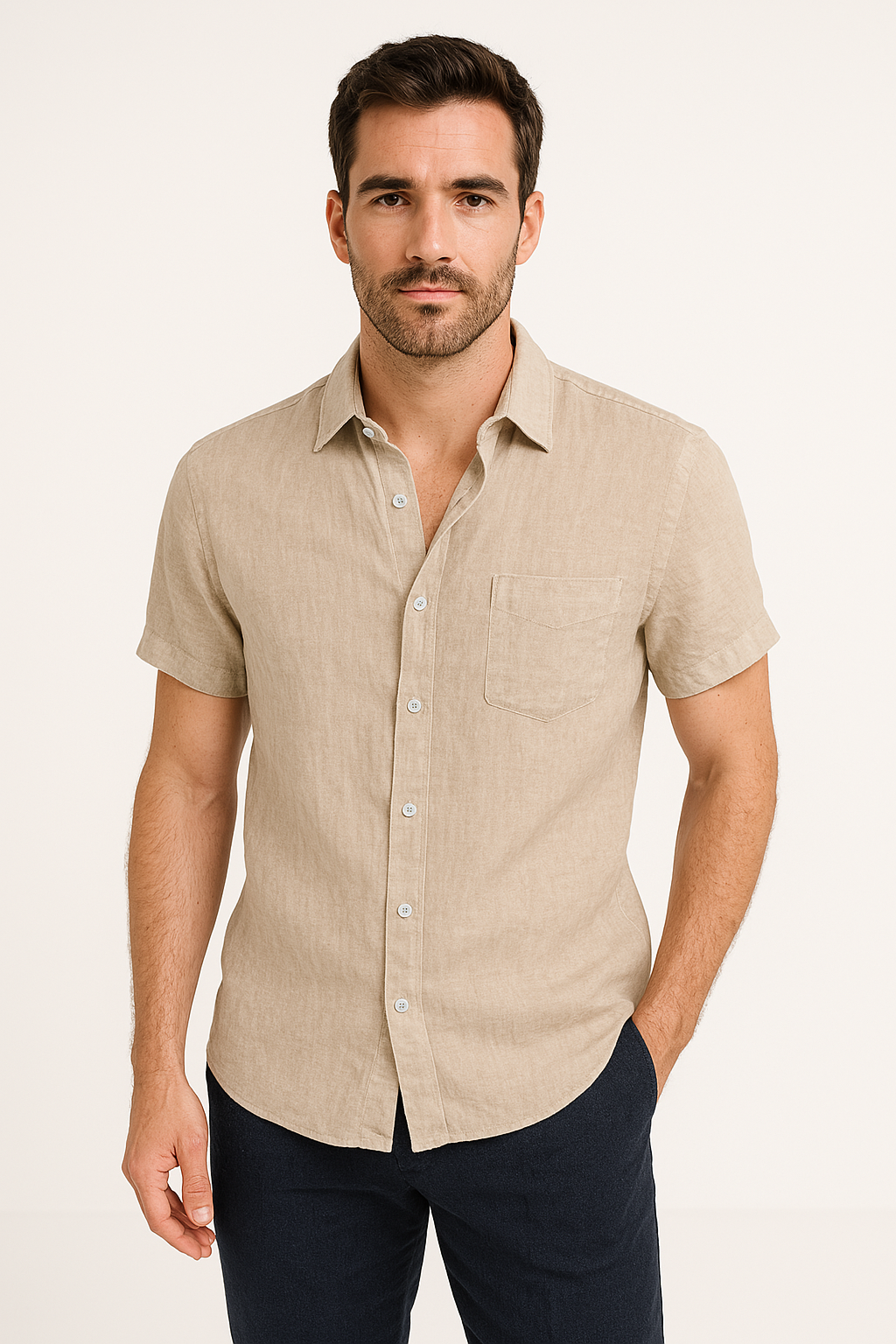 Variant image for Linnen Blend Casual Heren Shirt met Korte Mouwen | Ademend, Ontspannen Pasvorm, Button-Down Design-26