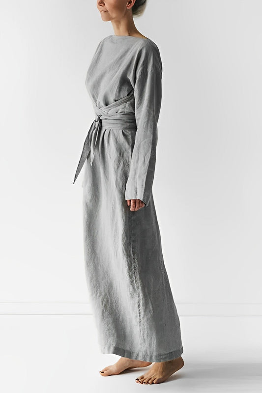Elegante Maxi Jurk Dames van 100% Linnen met Lange Mouwen | Ademend Wrap-Design voor Zomer en Formele Gelegenheden-1