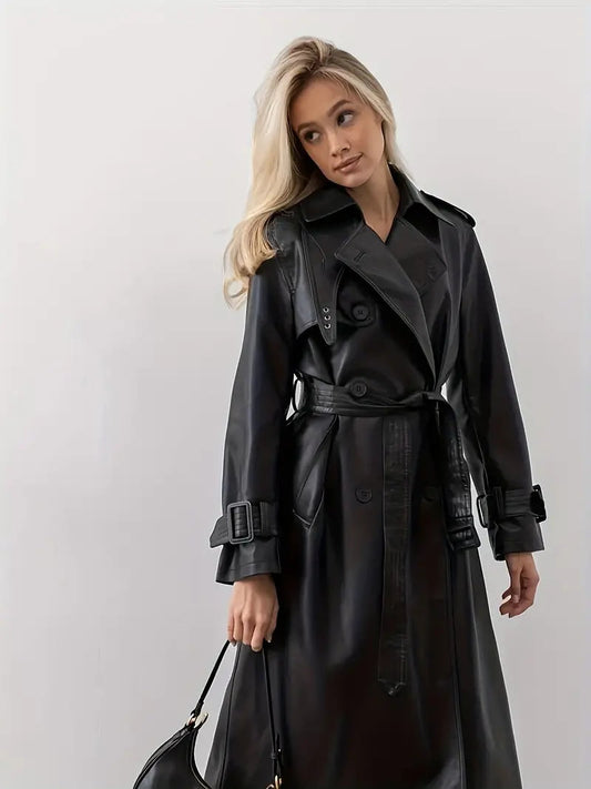 Elegante Leren Trenchcoat Dames | Lange Trenchcoat Zwart 0
