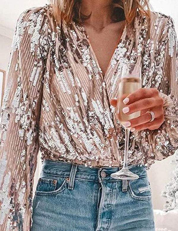 Glinsterende V-hals Blouse | Dames Feesttop 1