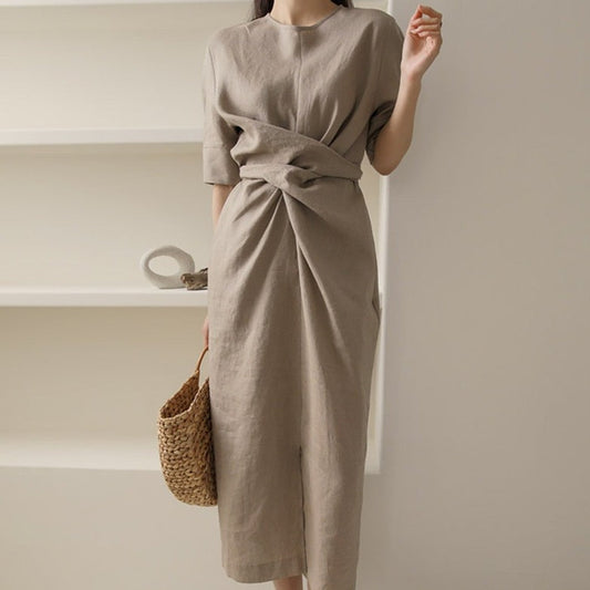 Elegante Midi Jurk Dames met Asymmetrische Taille en Korte Mouwen – Lichtgewicht Linnenmix voor Zomerlook-1
