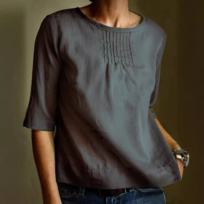 Elegante Katoenen Linnen Damesblouse met Geplooide Voorkant en 3/4 Mouwen | Losse Pasvorm voor Casual en Sociale Gelegenheden-2