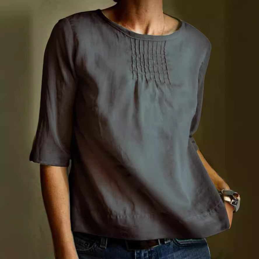 Variant image for Elegante Katoenen Linnen Damesblouse met Geplooide Voorkant en 3/4 Mouwen | Losse Pasvorm voor Casual en Sociale Gelegenheden-11