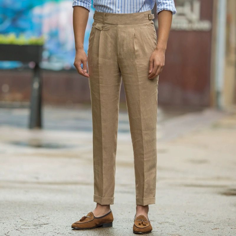 Variant image for Elegante Heren Linnen Broek met Hoge Taille en Geplooide Voorkant | Slanke Pasvorm voor Lente/Zomer Pantalon-5