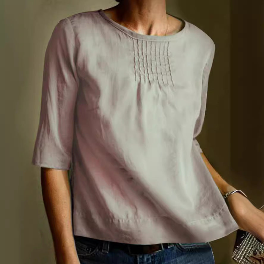 Elegante Katoenen Linnen Damesblouse met Geplooide Voorkant en 3/4 Mouwen | Losse Pasvorm voor Casual en Sociale Gelegenheden-4