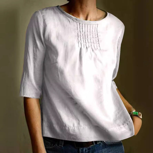 Elegante Katoenen Linnen Damesblouse met Geplooide Voorkant en 3/4 Mouwen | Losse Pasvorm voor Casual en Sociale Gelegenheden-1
