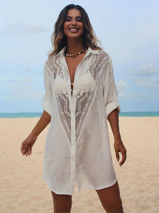 Elegante Dames Strandblouse met Haakholle Ontwerp | Lichtgewicht Linnen Knoop-Up Dekmantel voor Zomeruitjes-1