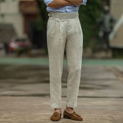 Elegante Heren Linnen Broek met Hoge Taille en Geplooide Voorkant | Slanke Pasvorm voor Lente/Zomer Pantalon-1