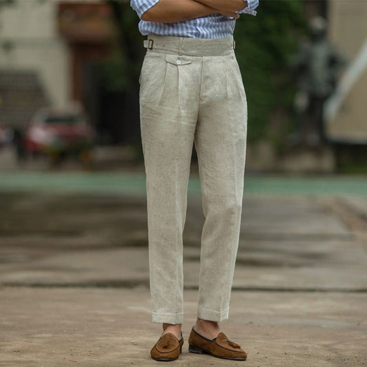 Elegante Heren Linnen Broek met Hoge Taille en Geplooide Voorkant | Slanke Pasvorm voor Lente/Zomer Pantalon-1