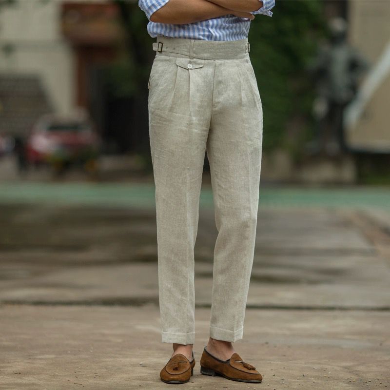 Variant image for Elegante Heren Linnen Broek met Hoge Taille en Geplooide Voorkant | Slanke Pasvorm voor Lente/Zomer Pantalon-1