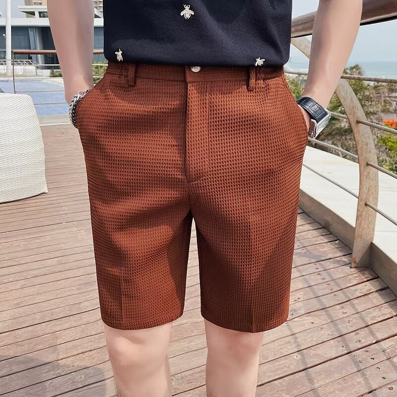 Stijlvolle Heren Korte Broek met Knoop Tailleband en Slanke Pasvorm – Getextureerde Knie-lengte Shorts-4