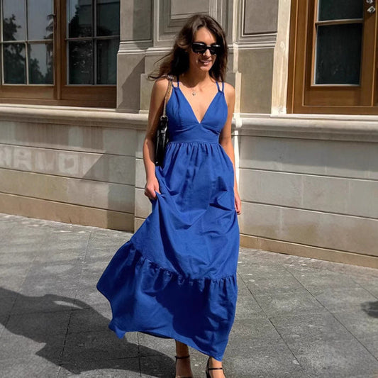 Elegante Maxi Jurk Dames met V-hals en Spaghetti Riemen – Ademend Katoen-Linnen A-lijn voor Zomer-1