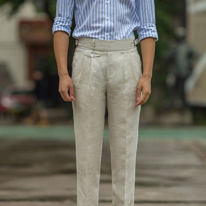 Elegante Heren Linnen Broek met Hoge Taille en Geplooide Voorkant | Slanke Pasvorm voor Lente/Zomer Pantalon-4