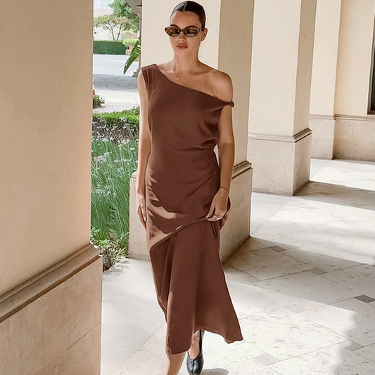 Elegante Lange Jurk Dames – Asymmetrische Off-Shoulder Zomerjurk in Katoenen Linnenmix-1