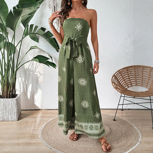 Boho Strapless Jumpsuit voor Dames – Ademend Katoen-Linnen met Brede Pijpen en Flatterende Pasvorm-1