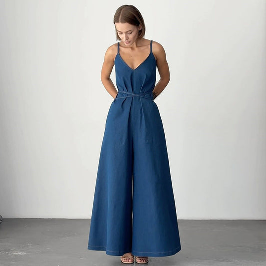 Elegante Dames Jumpsuit met V-hals en Brede Benen | Mouwloos Ademend Linnenmengsel voor Comfortabele Pasvorm-1