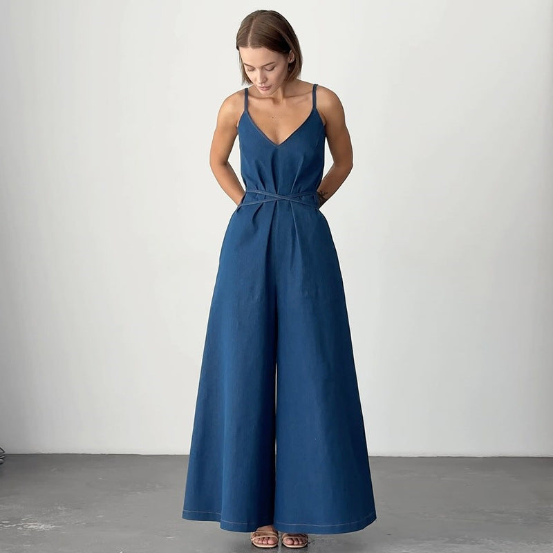 Variant image for Elegante Dames Jumpsuit met V-hals en Brede Benen | Mouwloos Ademend Linnenmengsel voor Comfortabele Pasvorm-1