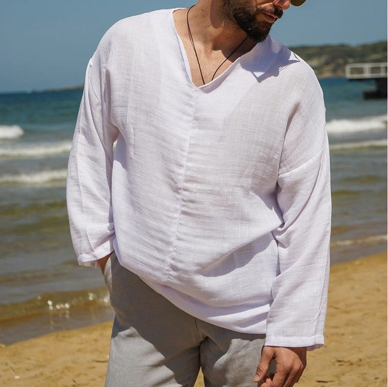 Stijlvol Heren Linnen Shirt met V-hals en Lange Mouwen | Ademend en Lichtgewicht Overhemd voor Lente en Zomer-2