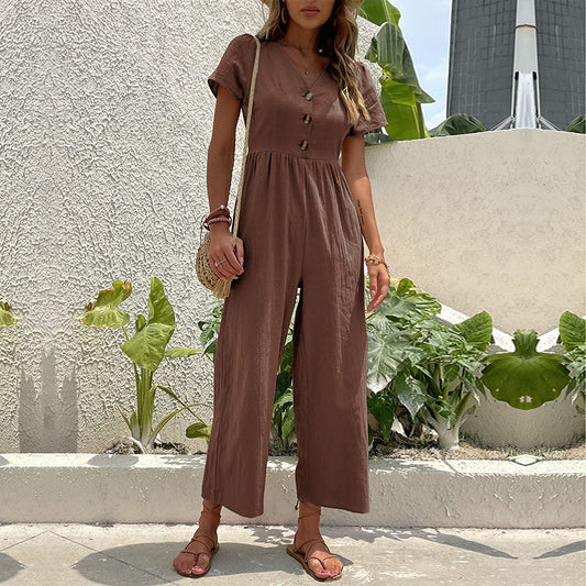 Stijlvolle Dames Jumpsuit Kort met Wijde Pijpen in Zwart – Ademende Linnenmix voor Casual Dagen-1