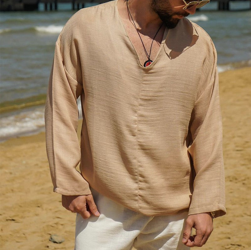 Stijlvol Heren Linnen Shirt met V-hals en Lange Mouwen | Ademend en Lichtgewicht Overhemd voor Lente en Zomer-4