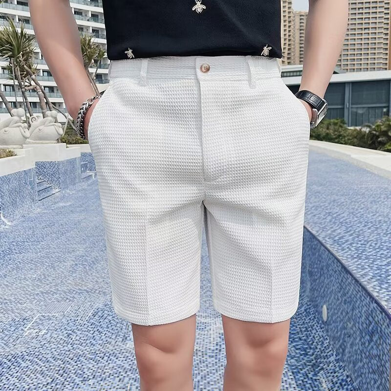 Stijlvolle Heren Korte Broek met Knoop Tailleband en Slanke Pasvorm – Getextureerde Knie-lengte Shorts-2